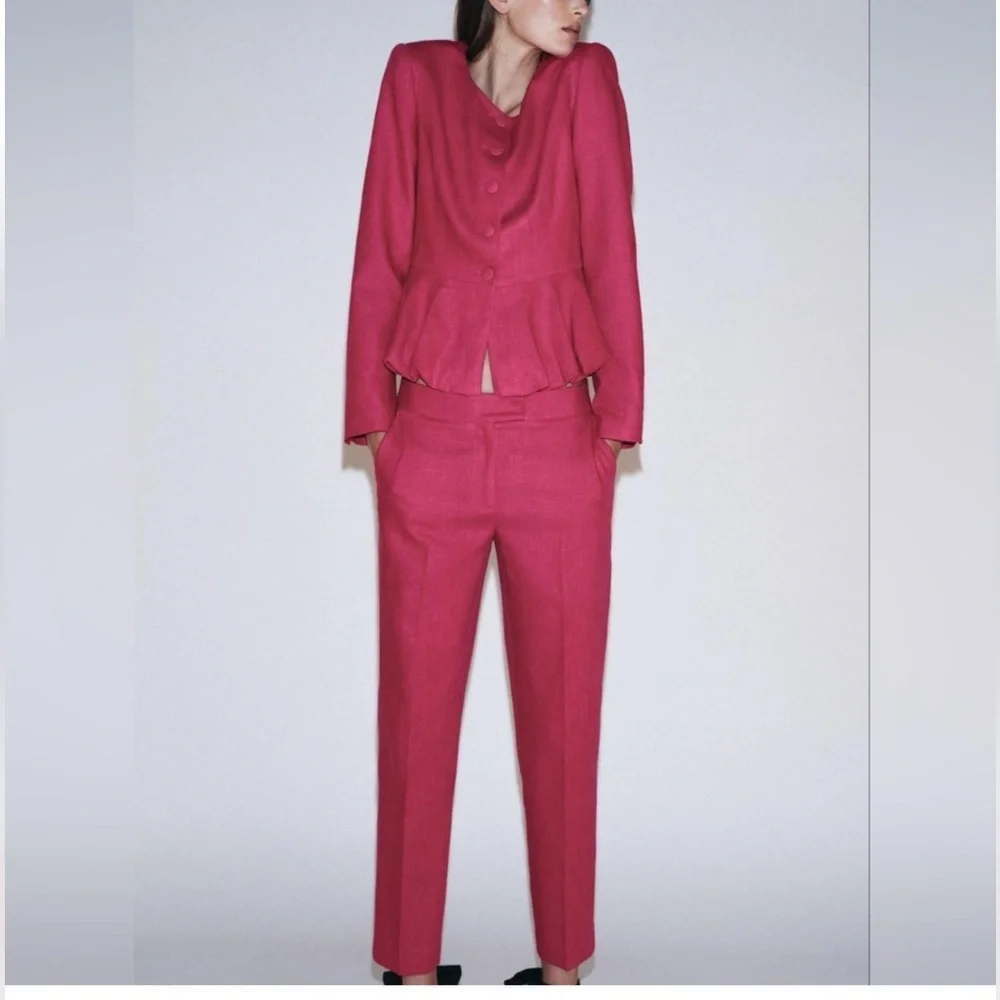 NWT Zara Linen Blend Slim Straight Pants in Fuchsia Pink Size S
